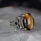 Tesbihevim | Chain Series Men's Silver Ring with Tiger's Eye Stone - TryAladdin