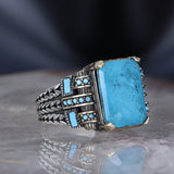 Tesbihevim | Chain Series Men's Silver Ring with Blue Topaz Stone - TryAladdin