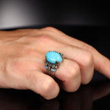 Tesbihevim | Chain Series Men's Silver Ring with Turquoise Stone - TryAladdin