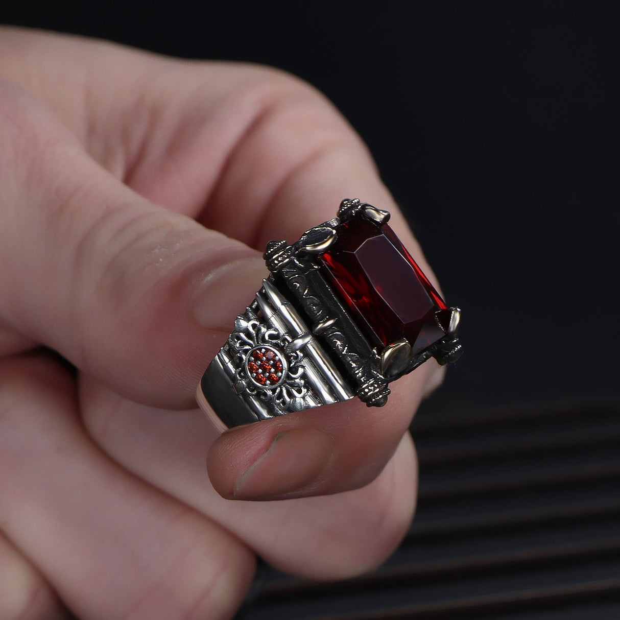 Tesbihevim | Men's Silver Ring with Red Zircon Stone - TryAladdin