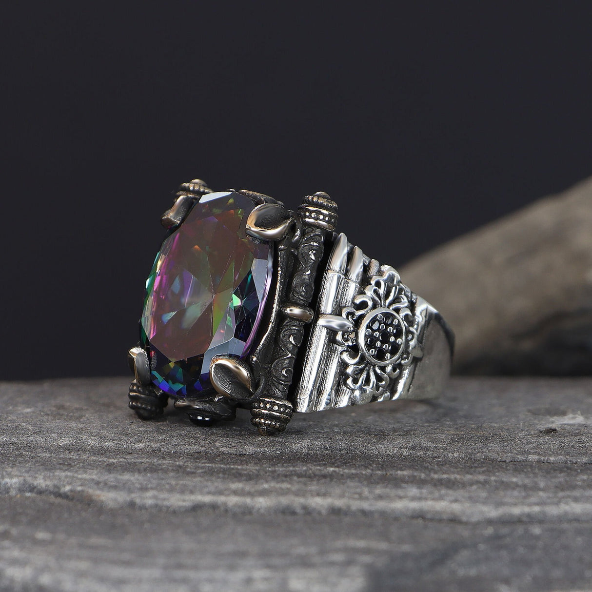 Tesbihevim | Men's Silver Ring with Mystic Topaz Stone - TryAladdin