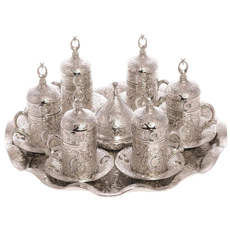 Acar | Turkish Coffee Set of Six With Metal Tray And Candy Bowl - Moon And Star Design - White - TryAladdin