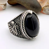 Black Onyx Oval Stone Silver Men's Ring - TryAladdin