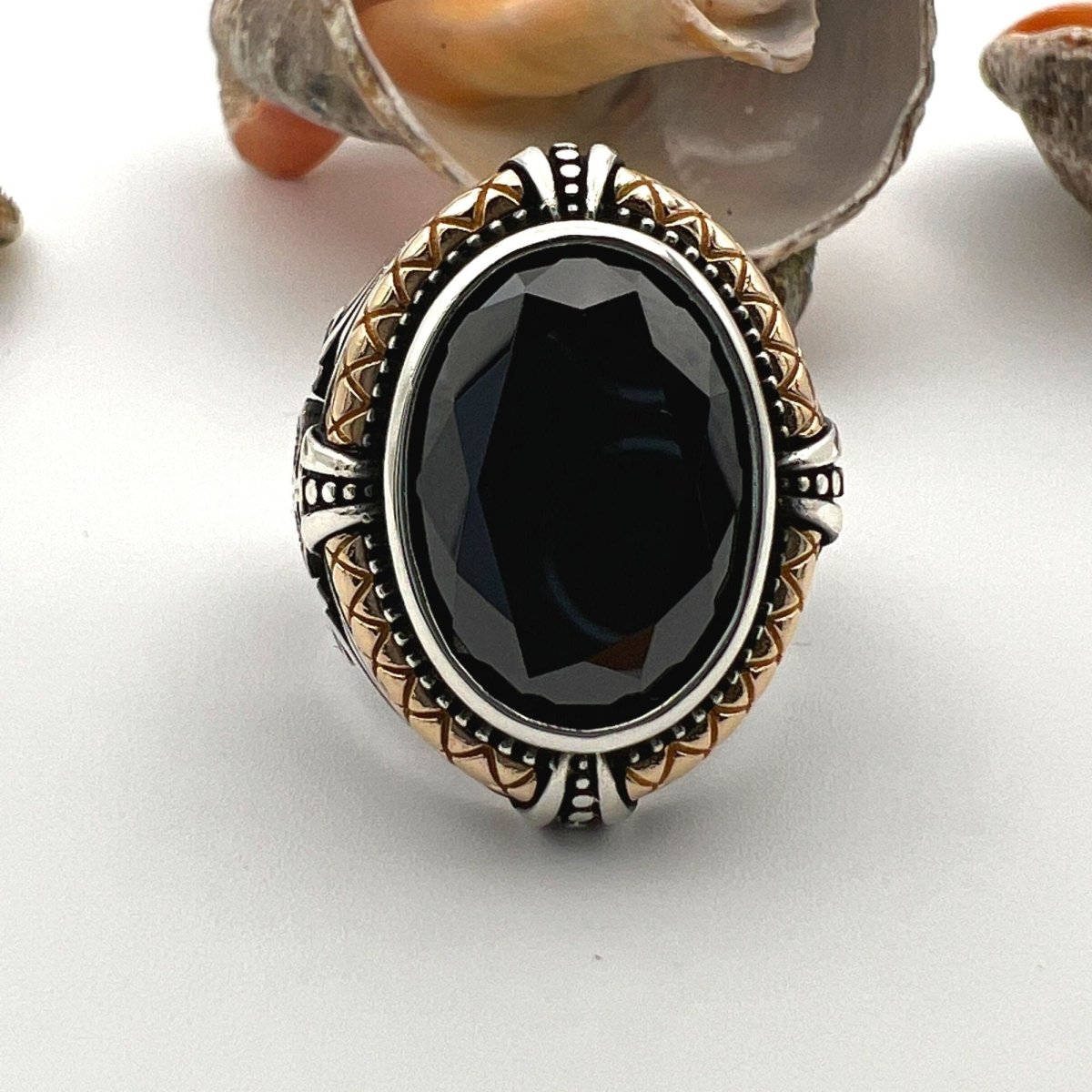 Black Onyx Stone Double Headed Eagle Men's Silver Ring - TryAladdin