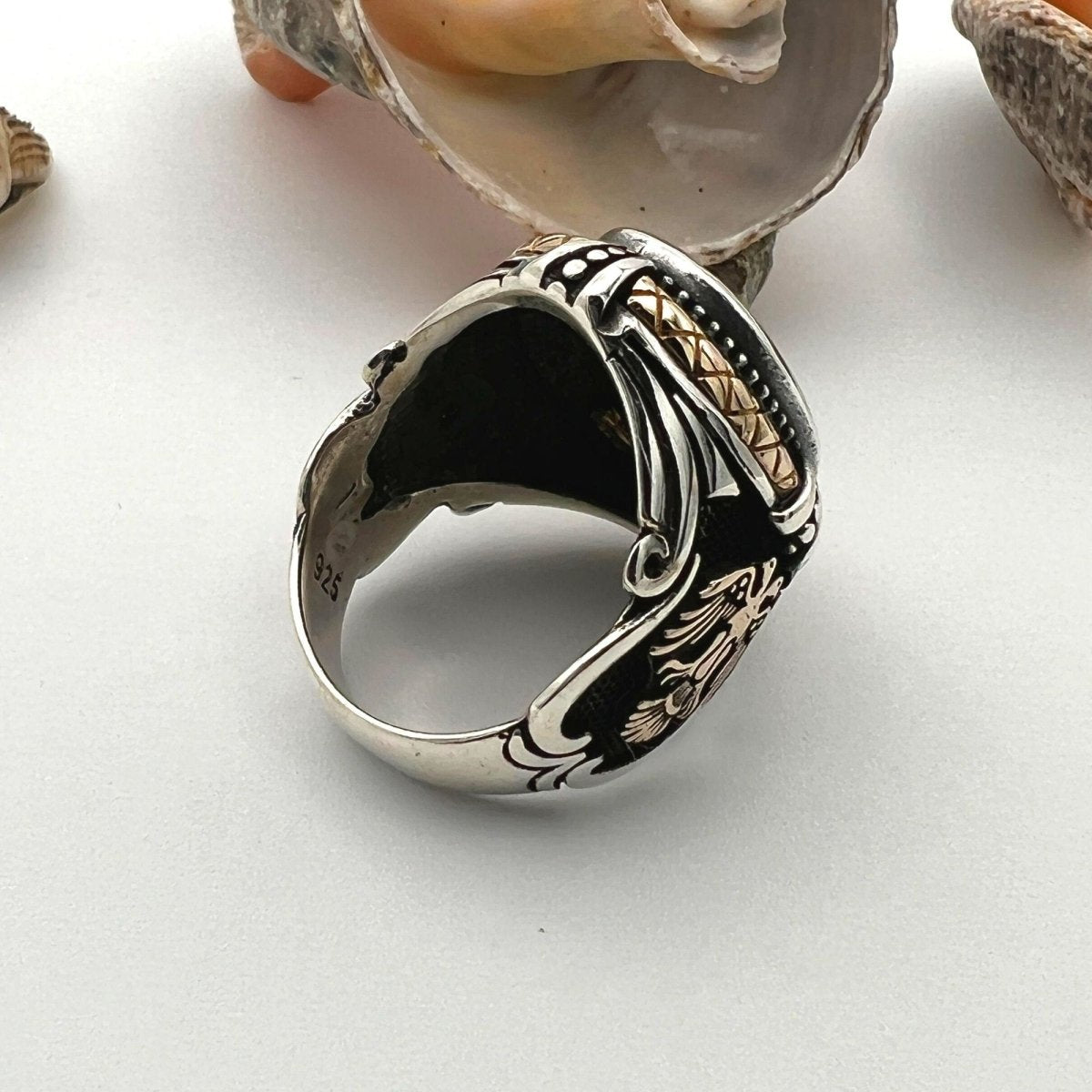 Black Onyx Stone Double Headed Eagle Men's Silver Ring - TryAladdin