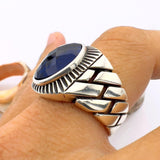 Blue Oval Sapphire Stone Men's Silver Ring - TryAladdin