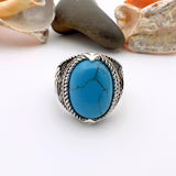 Blue Turquoise Oval Stone Silver Ring - TryAladdin