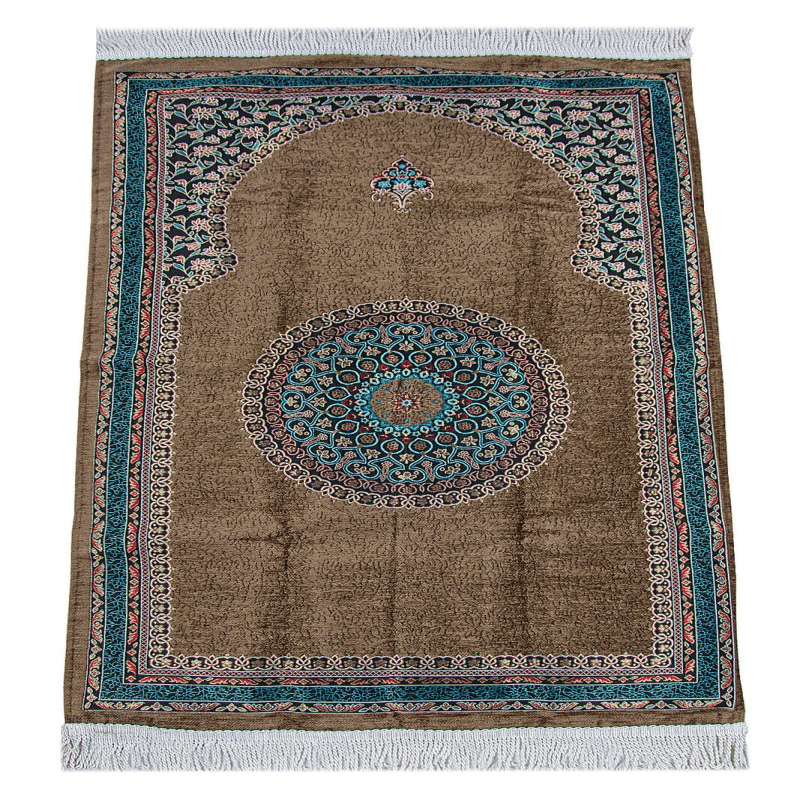 Brown Traditional Motif Knitted Fringed Mihrab Lined Chenille Prayer Rug - TryAladdin