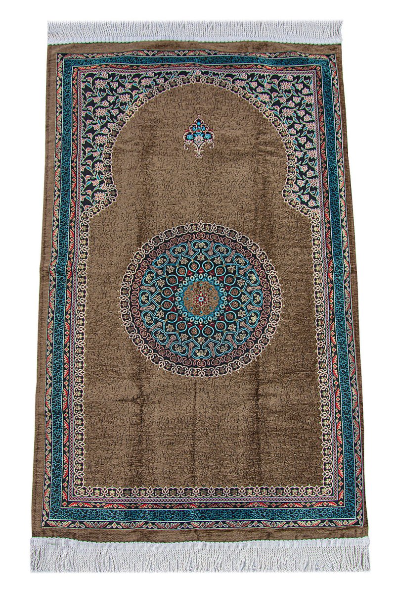 Brown Traditional Motif Knitted Fringed Mihrab Lined Chenille Prayer Rug - TryAladdin