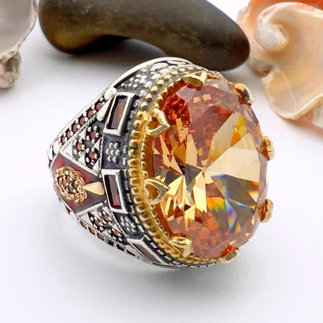 Champagne Citrine Oval Stone Men's Ring - TryAladdin