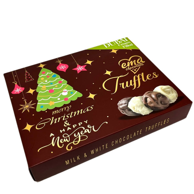 Ema Chocolate Milk and White Chocolate Truffles With Dubai Filling - Merry Christmas Box - 250g - TryAladdin