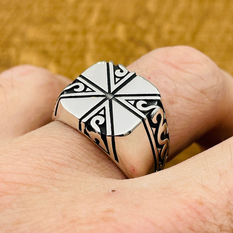 Hand Embroidered Square Model Men's Silver Ring - TryAladdin