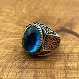 Handmade Men's Oval Blue Aquamarine Silver Ring - TryAladdin