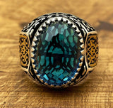 Handmade Men's Oval Blue Aquamarine Silver Ring - TryAladdin