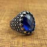 Handmade Men's Oval Blue Zircon Silver Ring - TryAladdin