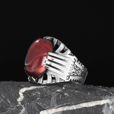 Tesbihevim | Men's Silver Ring with Red Agate Stone - TryAladdin