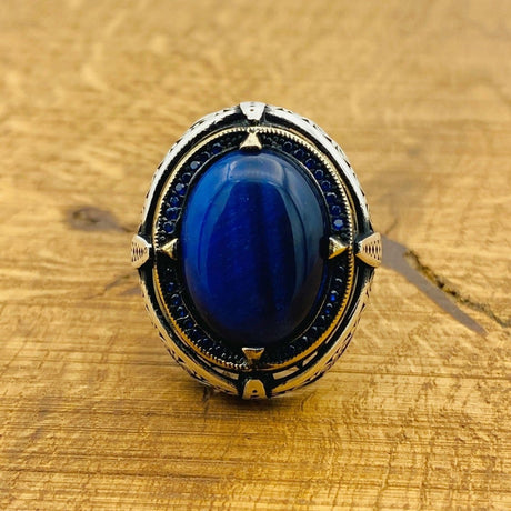 Men Blue Lapis Lazuli Silver Ring - TryAladdin