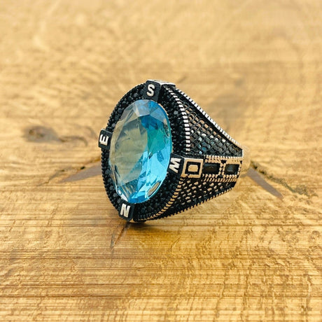 Men's Aquamarine Compass Ring - TryAladdin