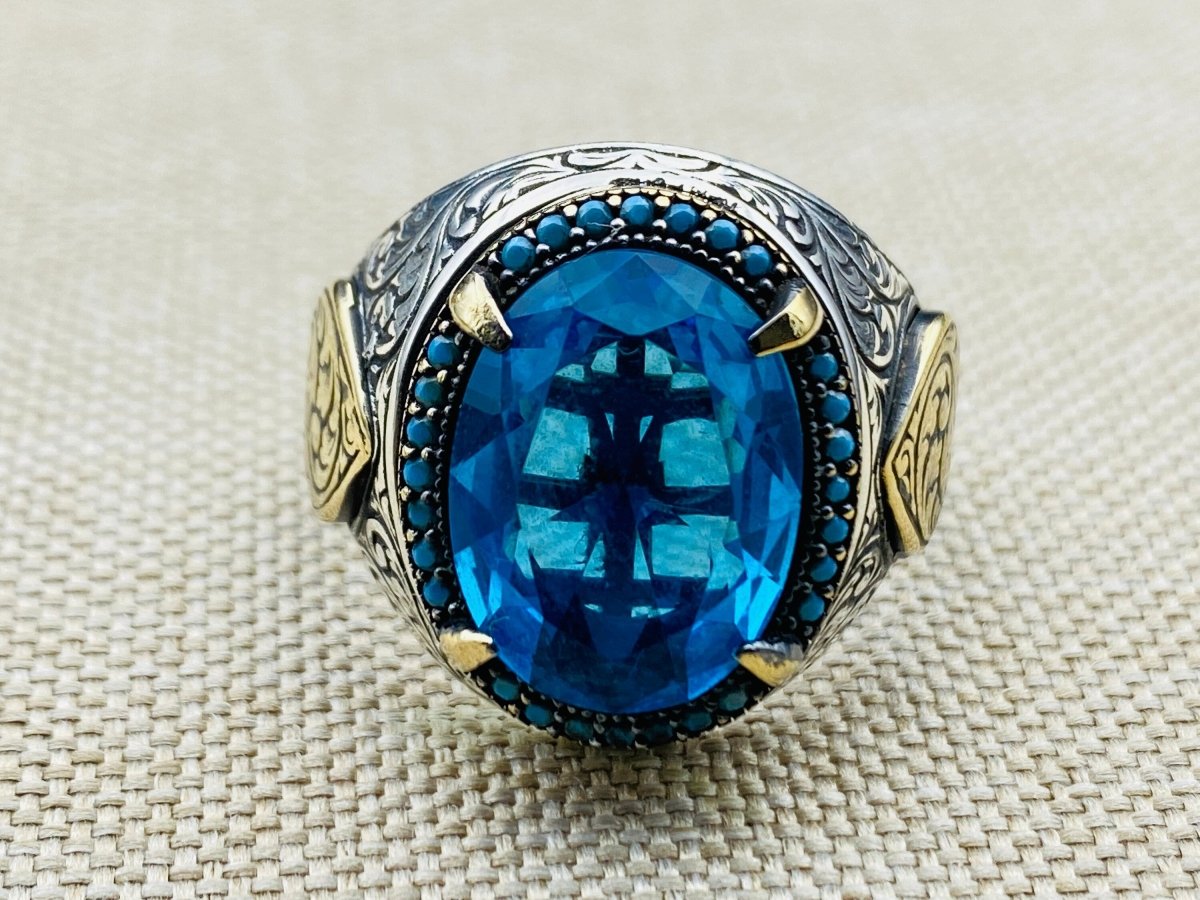 Men's Aquamarine Stone Blue 925 Sterling Silver Ring - TryAladdin