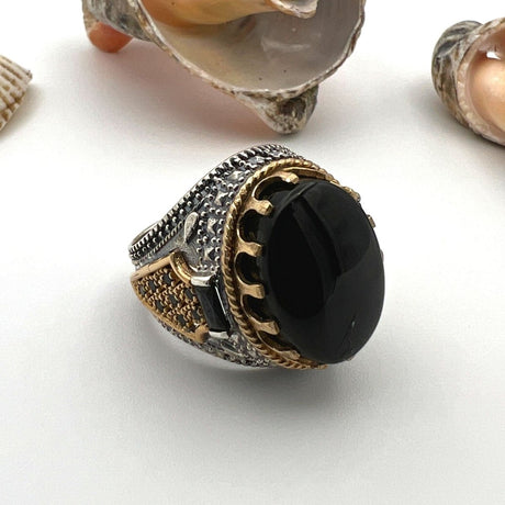 Men's Black Onyx Oval Stone Silver Ring - TryAladdin