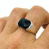 Men's Blue Sapphire Rectangle Silver Ring - TryAladdin