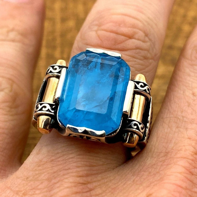 Men's Blue Tourmaline Squared Stone SIlver Ring - TryAladdin