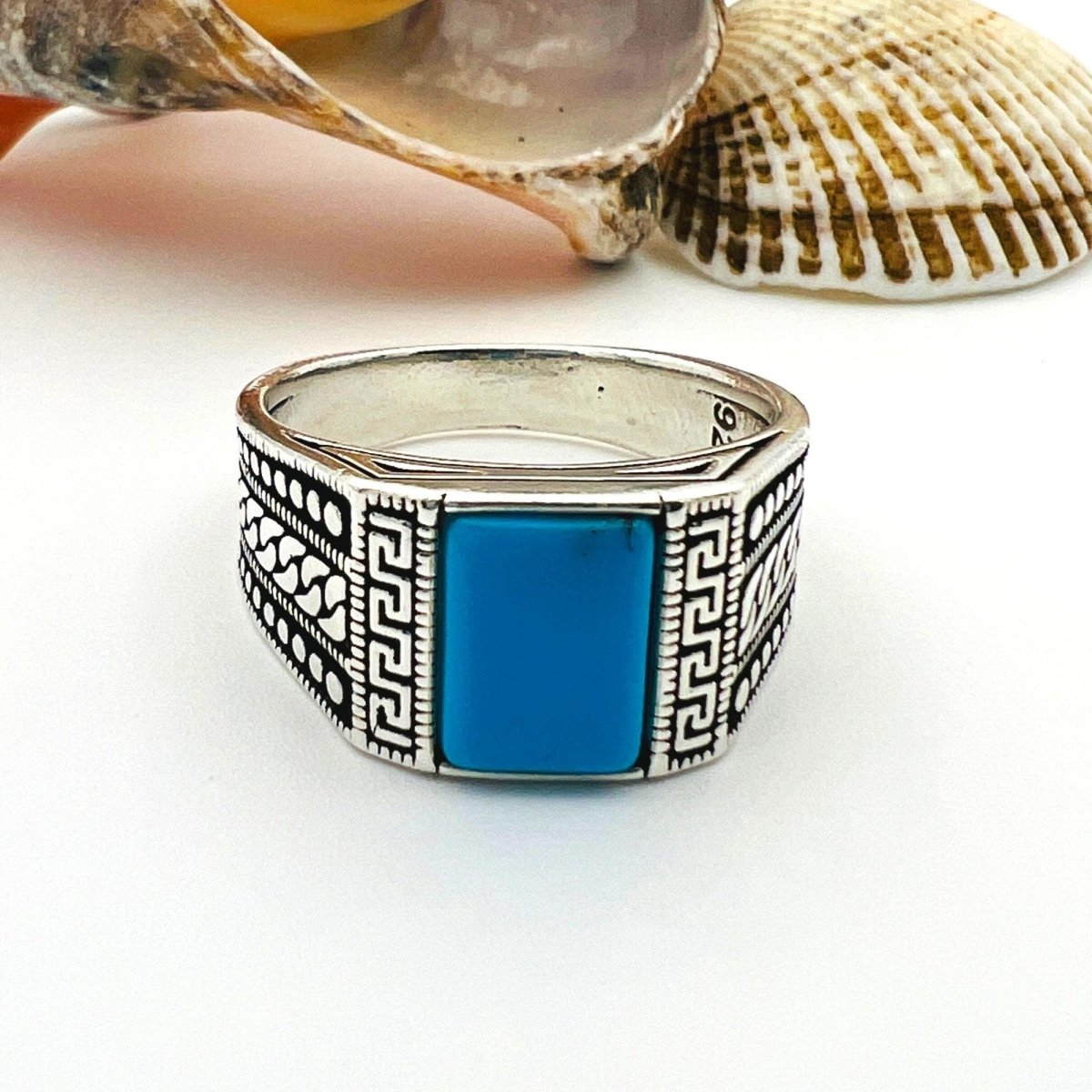 Men's Blue Turquoise Stone Turkish Handmade Silver Ring - TryAladdin