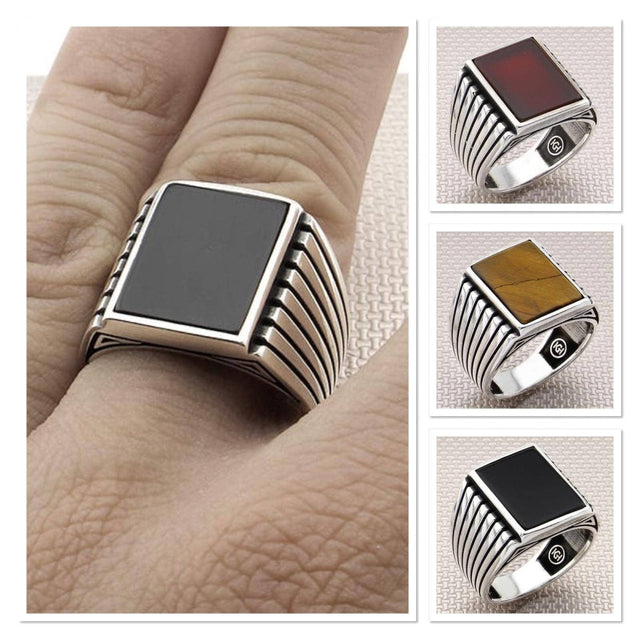 Men's Classic Patterned Square Stone 925 Sterling Silver Ring - TryAladdin