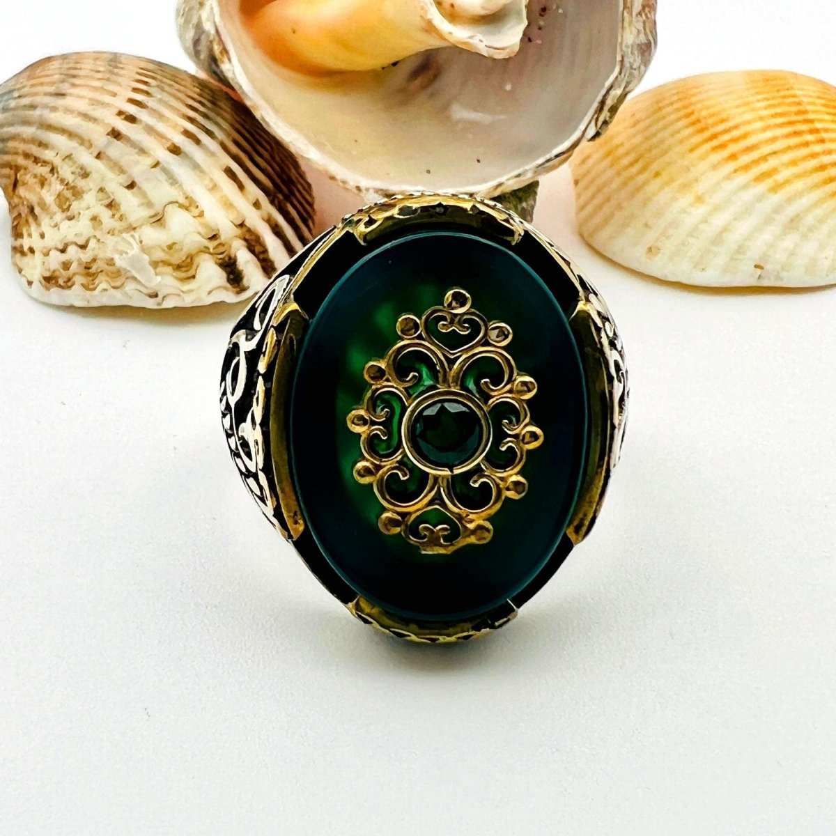 Men's Green Agate Stone Silver Ring - TryAladdin