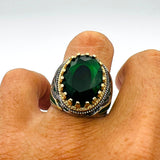 Men's Green Emerald Oval Stone Silver Ring - TryAladdin