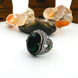 Men's Green Emerald Oval Stone Silver Ring - TryAladdin