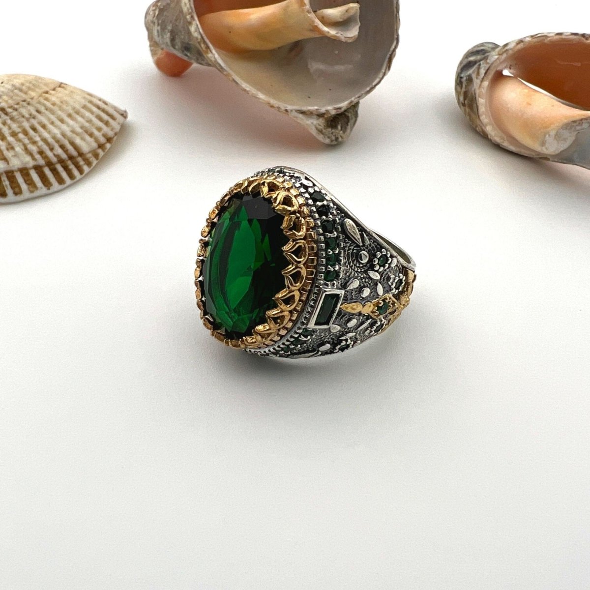 Men's Green Emerald Stone Silver Ring - TryAladdin