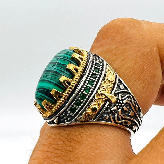 Men's Green Malachite Silver Ring - TryAladdin