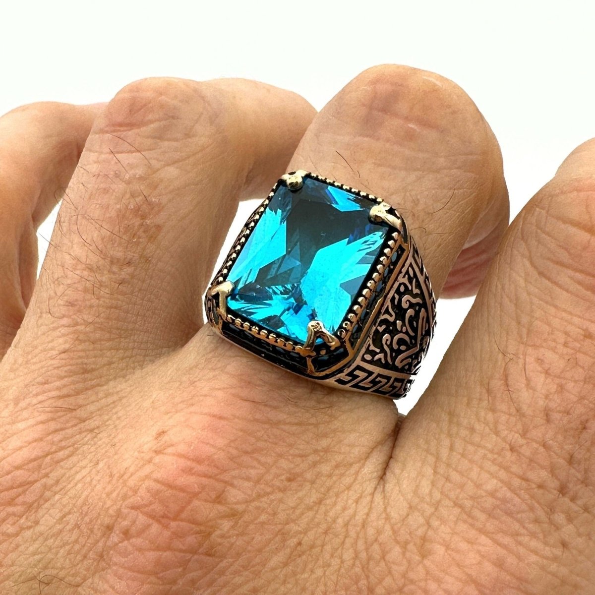 Men's Handmade Onyx - Aqua - Emerald Stone Silver Ring - TryAladdin