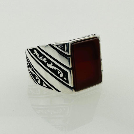 Men's Natural Green Agate Square Sterling Silver Ring - TryAladdin