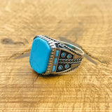 Men's Natural Turquoise Gemstone Square Ring - TryAladdin