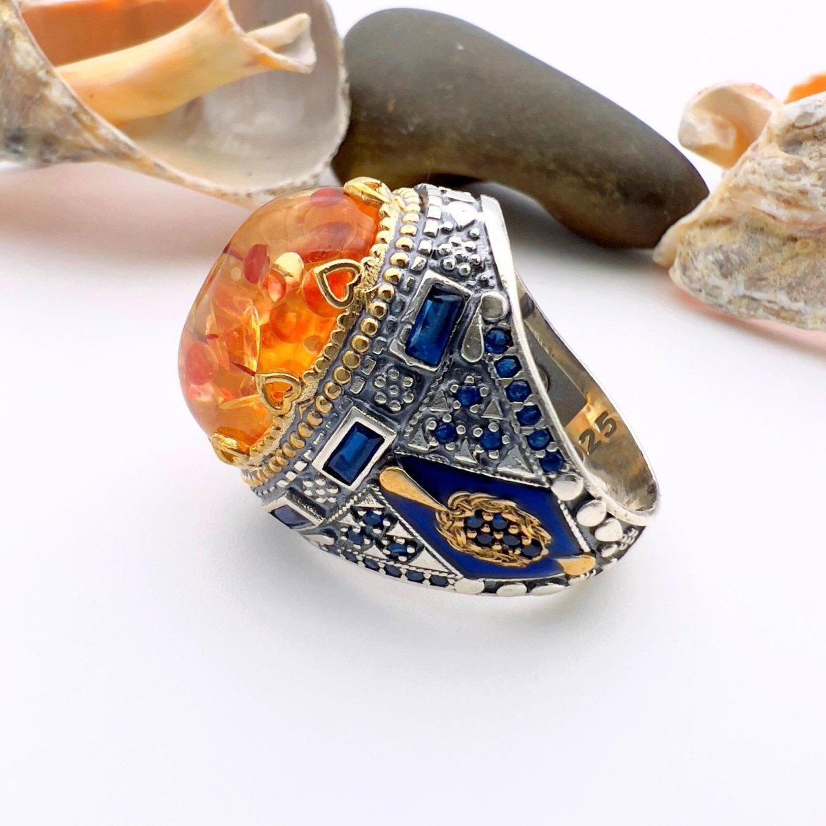 Men's Orange Amber Silver Ring - TryAladdin