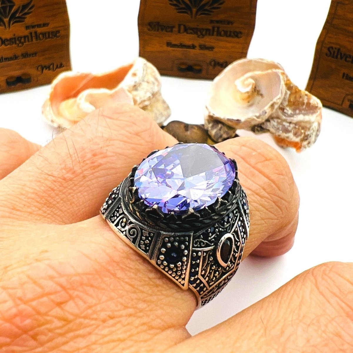 Men's Purple Amethyst Stone Turkish Silver Ring - TryAladdin