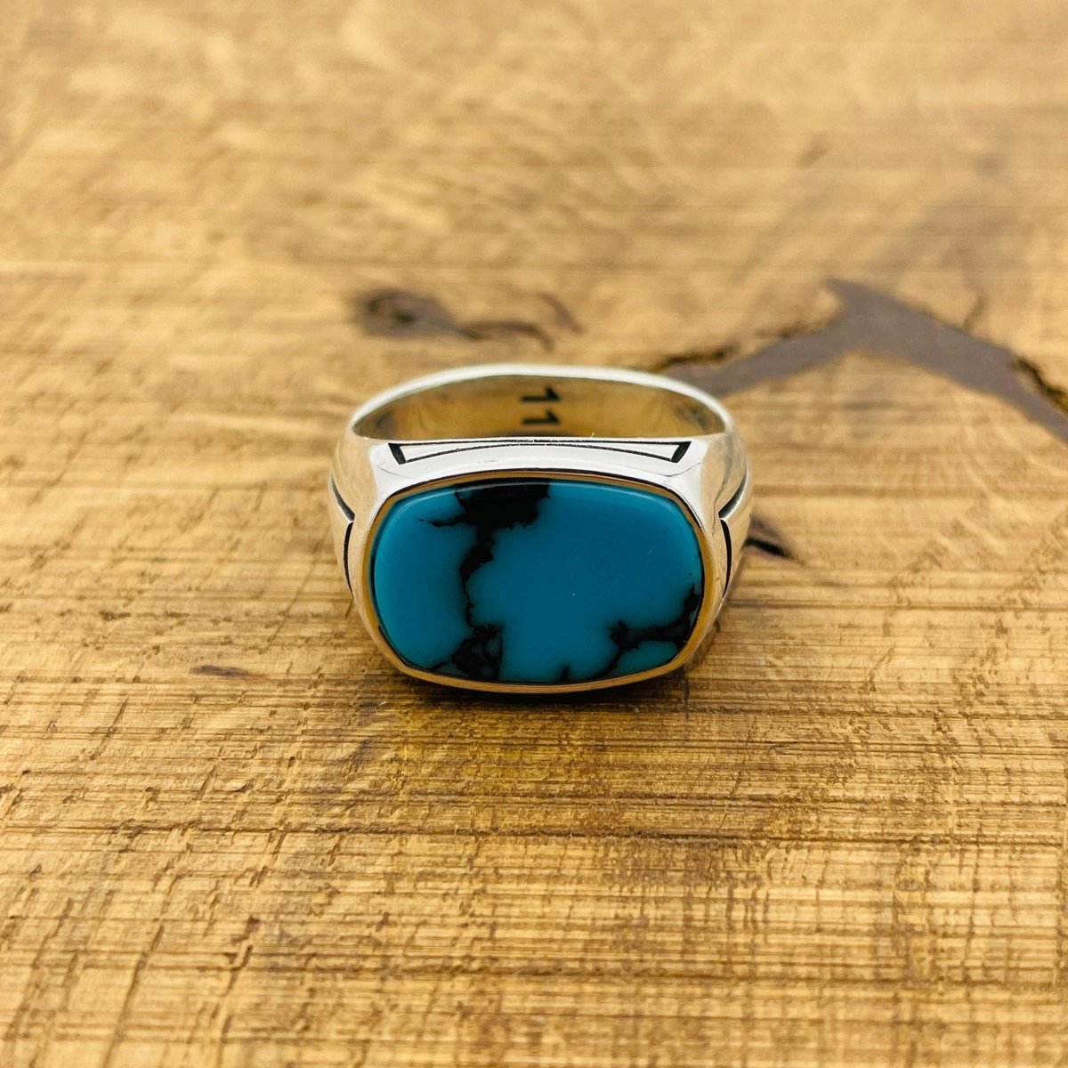 Men's Rectangle Blue Turquoise Stone Ring - TryAladdin