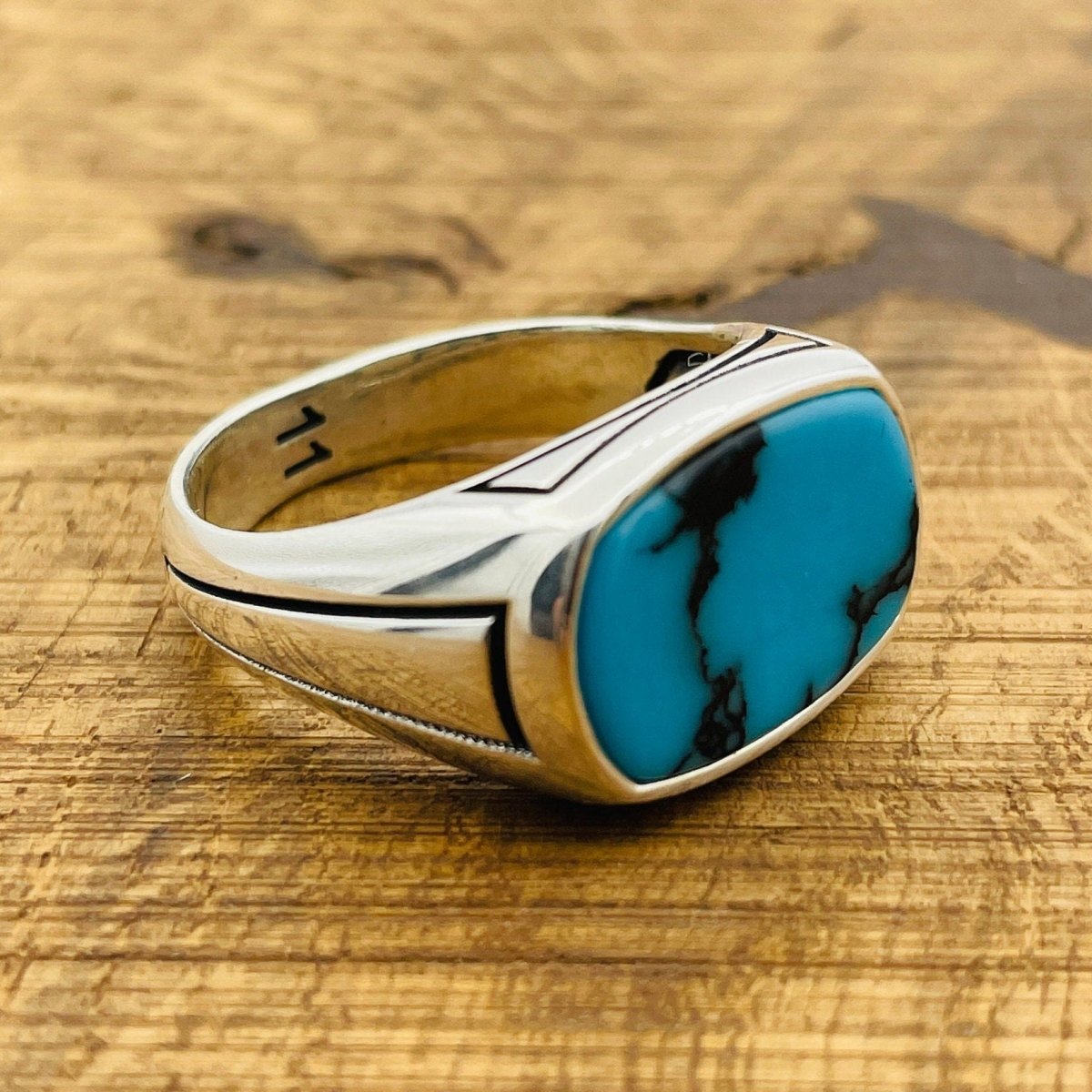 Men's Rectangle Blue Turquoise Stone Ring - TryAladdin