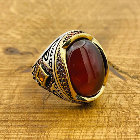 Men's Red Agate Ottoman Silver Ring - TryAladdin