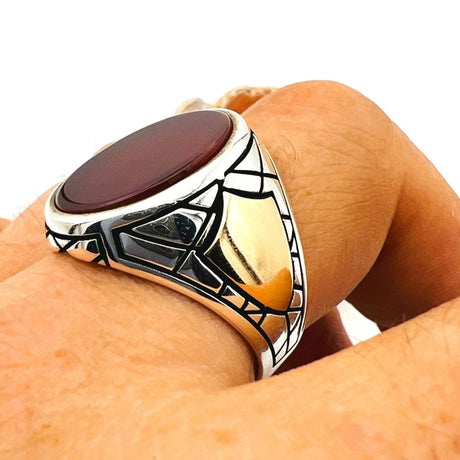 Men's Red Agate Silver Ring - TryAladdin