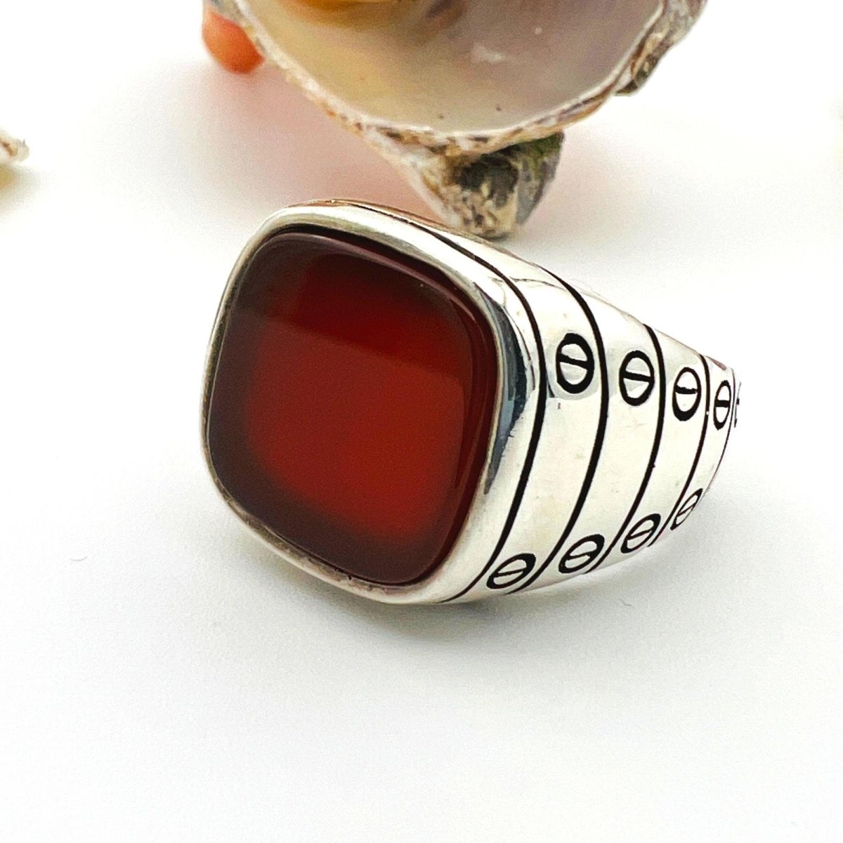 Men's Red Agate Stone Silver Ring - TryAladdin