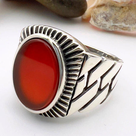 Men's Red Agate Stone Silver Ring - TryAladdin