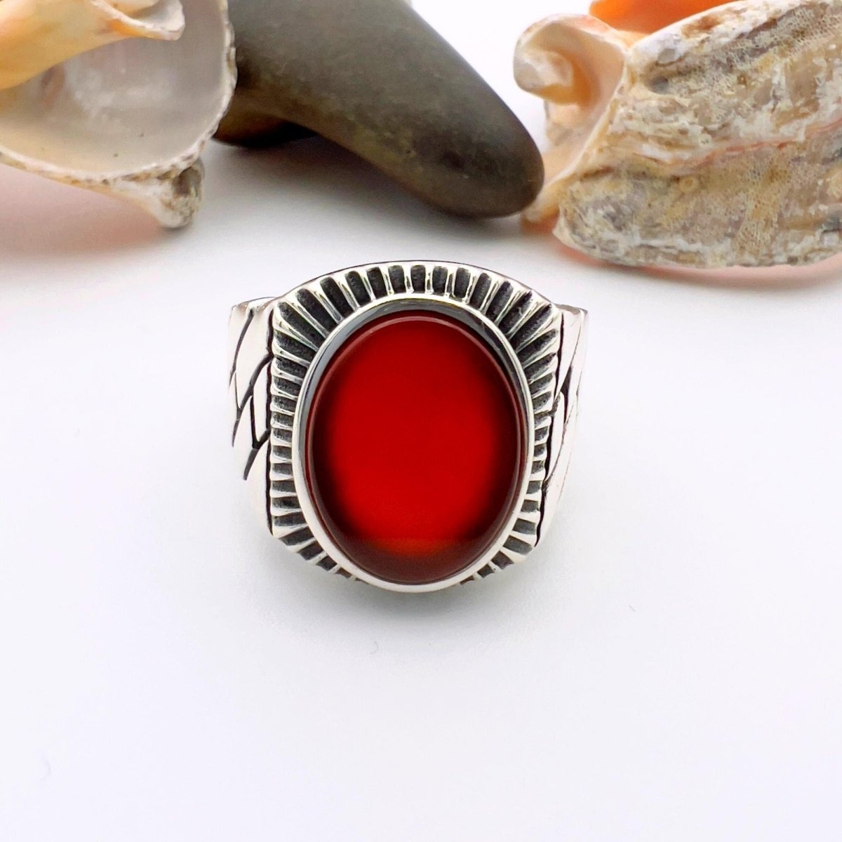 Men's Red Agate Stone Silver Ring - TryAladdin