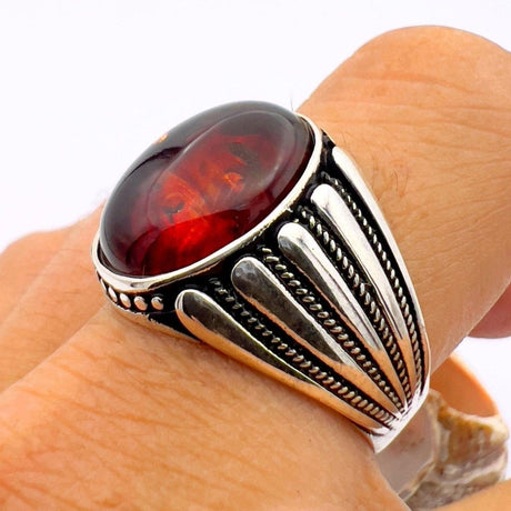 Men's Red Amber Stone Silver Ring - TryAladdin