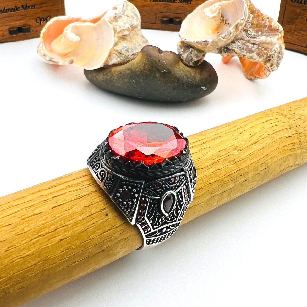 Men's Red Ruby Stone Silver Ring - TryAladdin