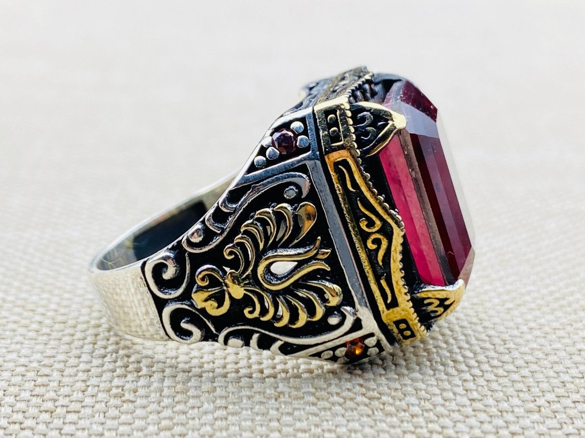 Men's Red Ruby Stone Silver Ring - TryAladdin