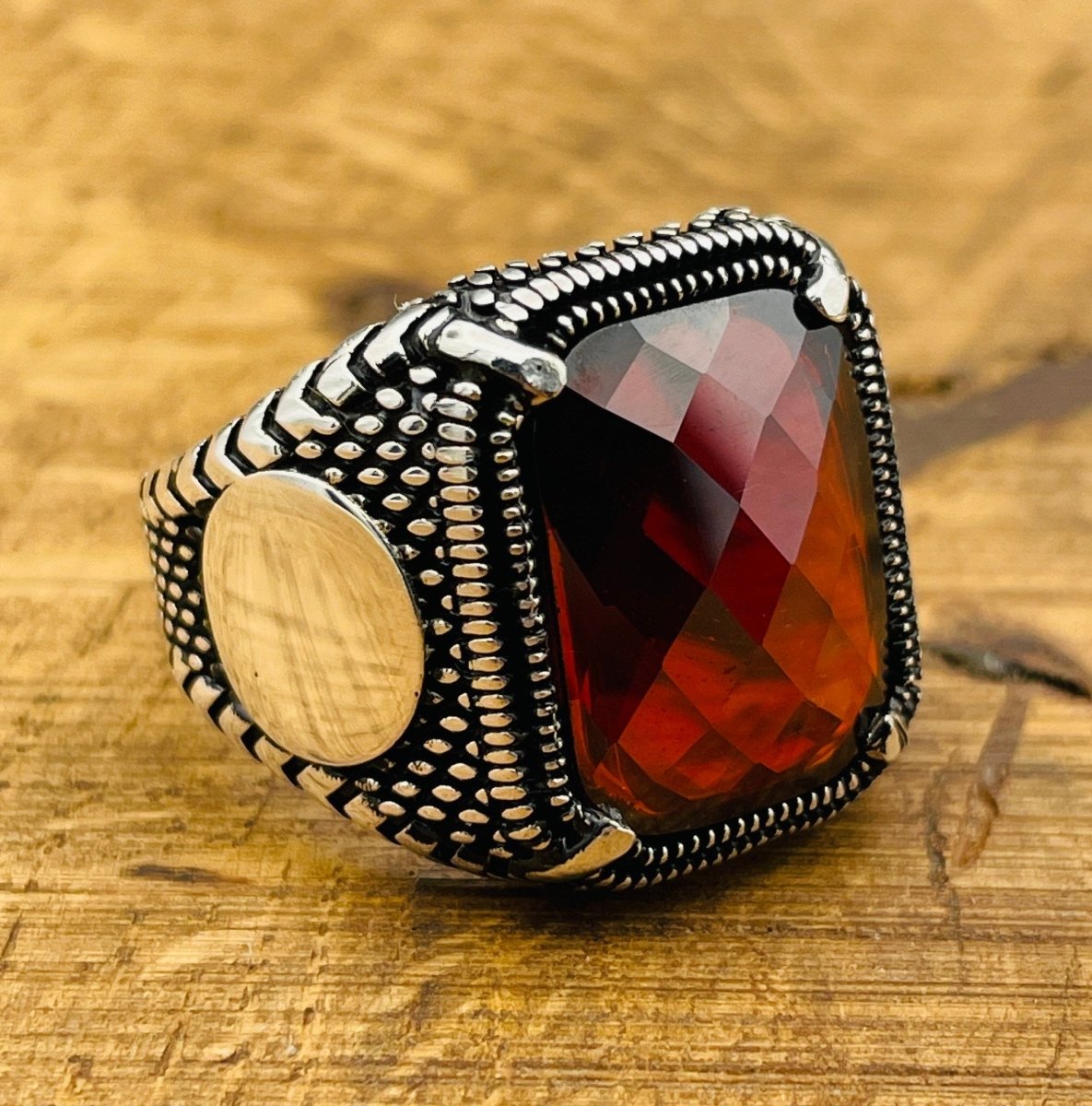 Men's Red Zircon Stone Silver Ring - TryAladdin