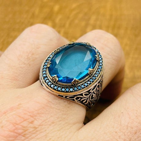 Men's Silver Ring with Blue Aquamarine Stone - TryAladdin